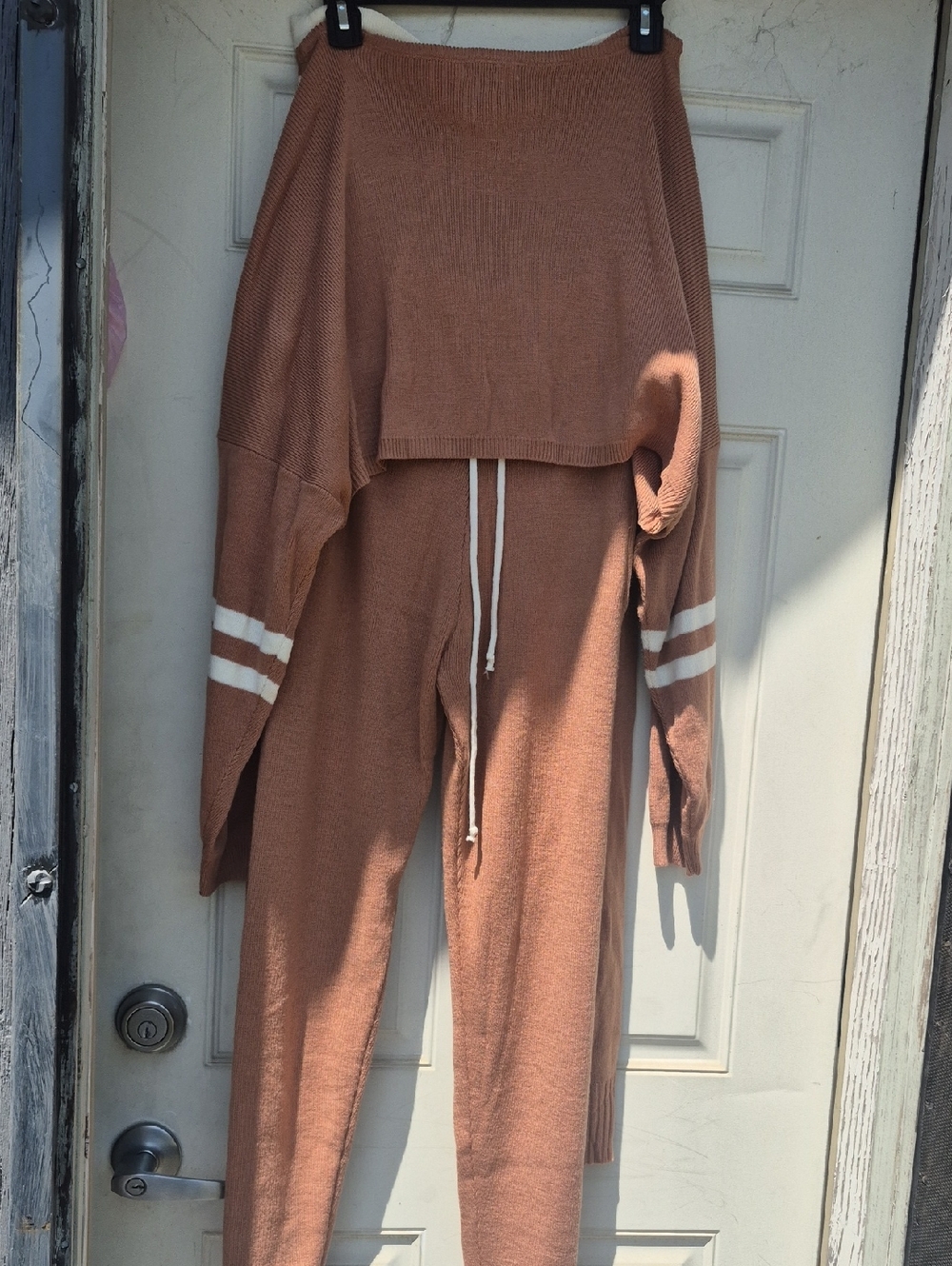 Cozy Ribbed Knit Two-Piece Set in Camel with White Stripes